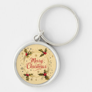 Klassiskt God jul-kort med Holly-design Rund Silverfärgad Nyckelring