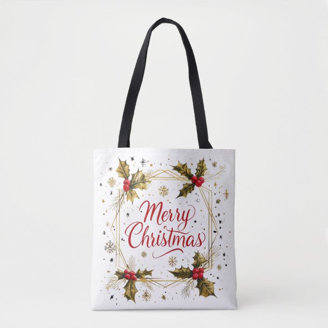 Klassiskt God jul-kort med Holly-design Tygkasse (Framsida)