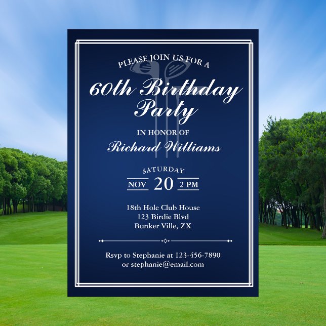 Klassiskt golf tema blå vit 60-årsdag inbjudningar (Skapare uppladdad)