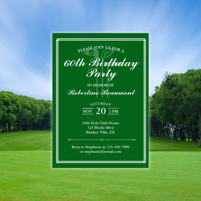 Klassiskt golf-tema Grön Vit 60-års födelsedagsinb Inbjudningar (Skapare uppladdad)