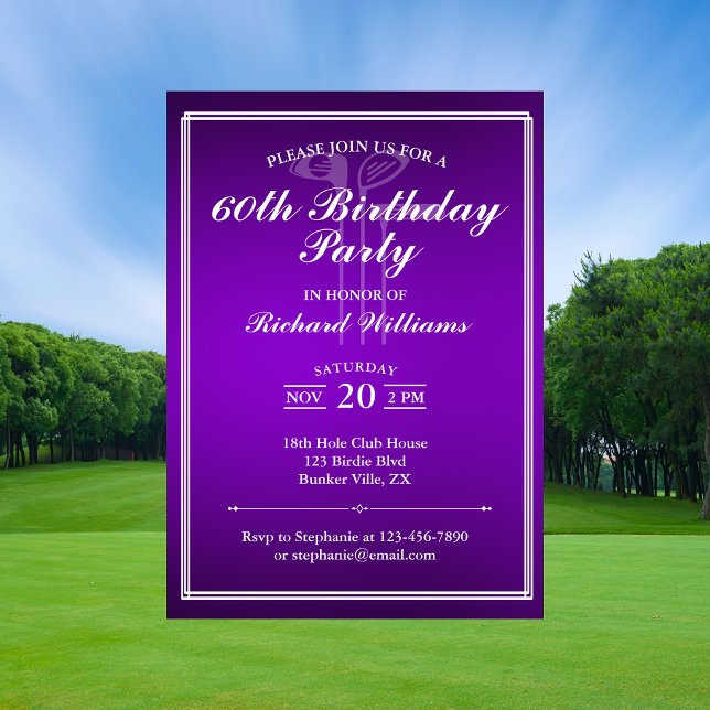 Klassiskt golf-tema lila vitt 60-årsdag inbjudningar (Skapare uppladdad)