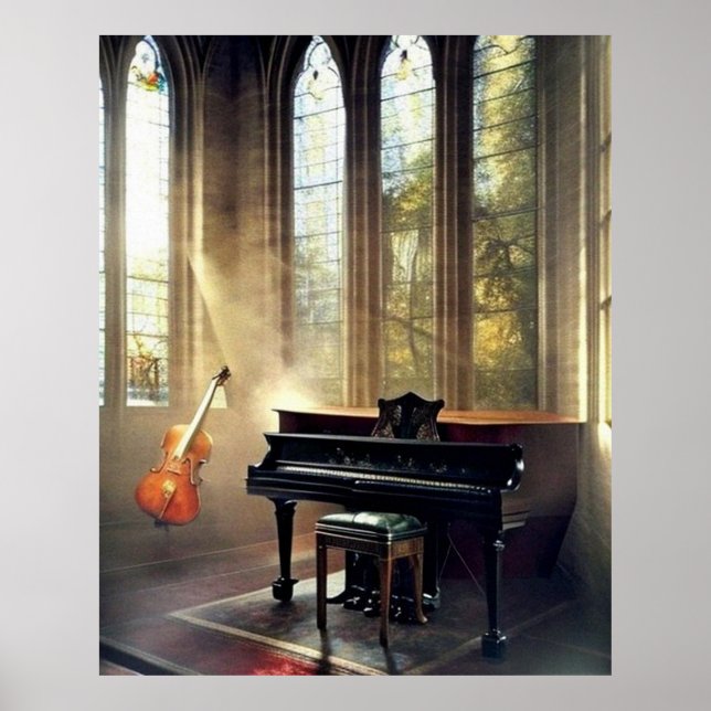Klassiskt Grand Piano och cello på kyrkoaltar Poster (Framsidan)