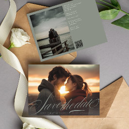 Klassiskt Grått Grönt Calligraphy QR Code Two Phot Spara Datumet