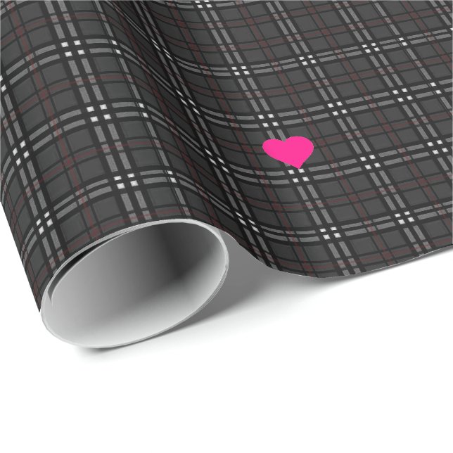 Klassiskt grått och svart plaid mönster Rosa Heart Presentpapper (Rullad Hörn)