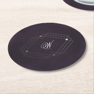 Klassiskt Guld Dekorativt Lila Kalligrafi Monogram Underlägg Papper Rund