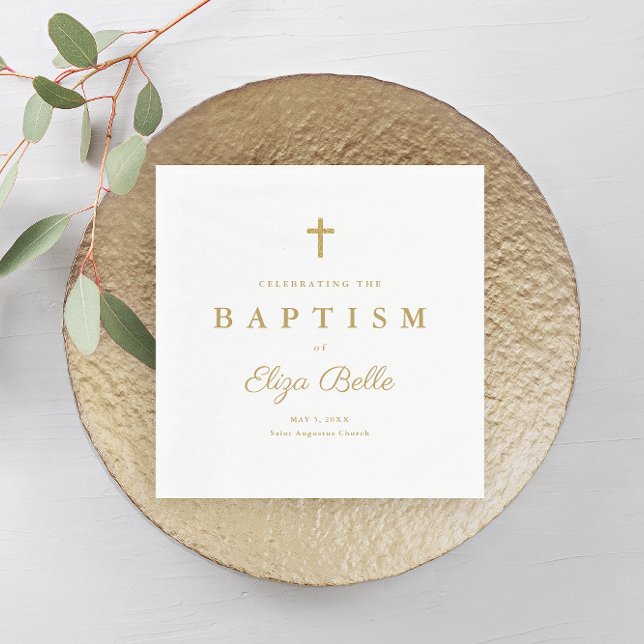 Klassiskt guld glitterkors dop pappersservett (Elegant gold baptism napkin with script typography and simple cross. )