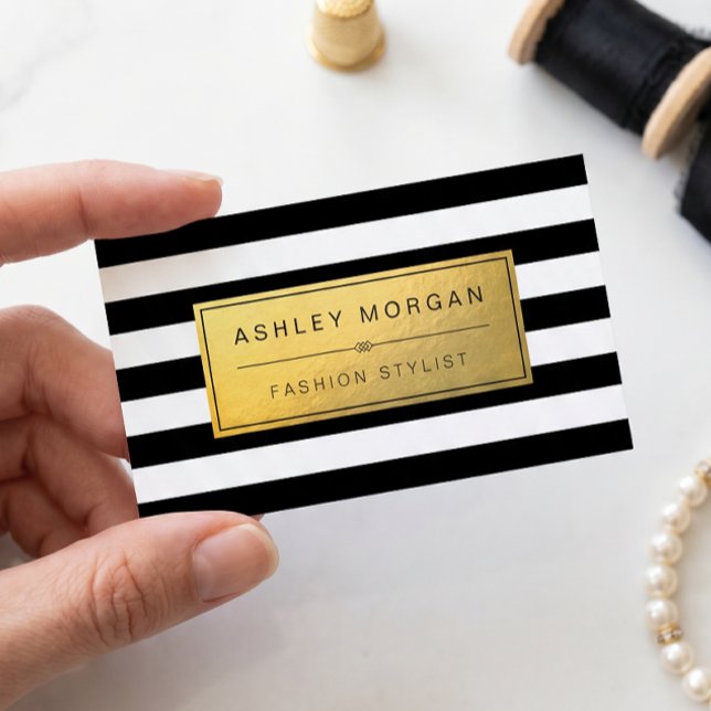 Klassiskt guldlabel med svarta vita ränder visitkort (Skapare uppladdad)