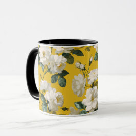 Klassiskt gult ros vitt blommönster mugg