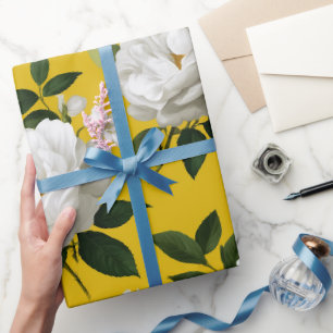 Klassiskt gult ros vitt blommönster presentpapper