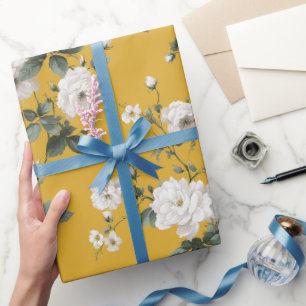 Klassiskt gult ros vitt blommönster presentpapper