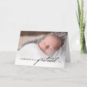 Klassiskt handskriftsskript Baby första Noel Photo Helgkort