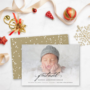 Klassiskt handskriftsskript Baby första Noel Photo Julkort
