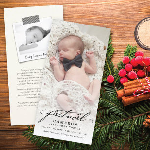 Klassiskt handskriftsskript Baby första Noel Photo Julkort