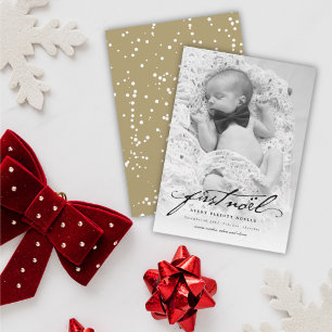 Klassiskt handskriftsskript Baby första Noel Photo Julkort