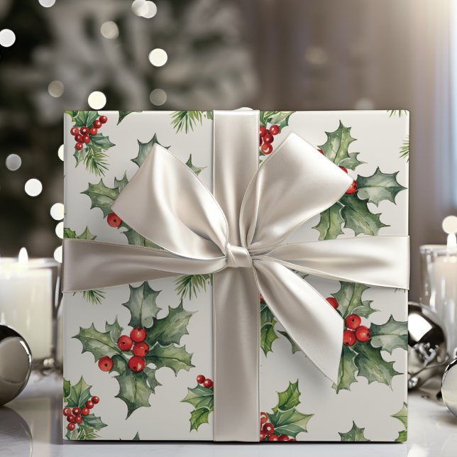 Klassiskt hus och berries, Papper julinsvällning Presentpapper (Classic Holly And Berries Christmas Wrapping Paper)