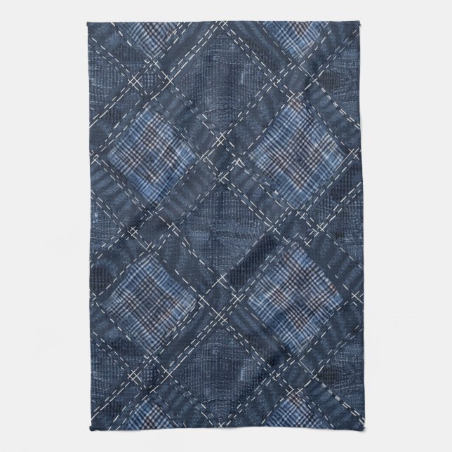 Klassiskt indigo diamantstickat jeansmönster kökshandduk (Vertikal)
