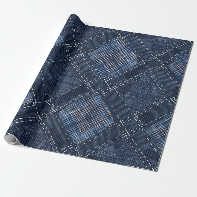 Klassiskt Indigo Diamantstygns Denim Mönster Presentpapper (Utrullad)