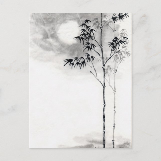 Klassiskt japanskt sui-e-målarkonst bamboo måne vykort (Framsida)