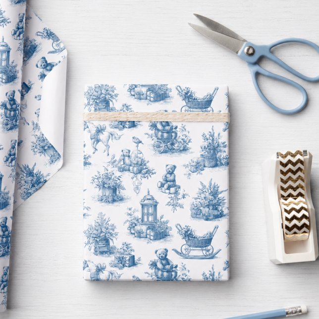 Klassiskt julblått Toile-mönster Presentpapper (elegant classic vintage blue toile christmas teddy bear pattern holiday gift wrapping paper)
