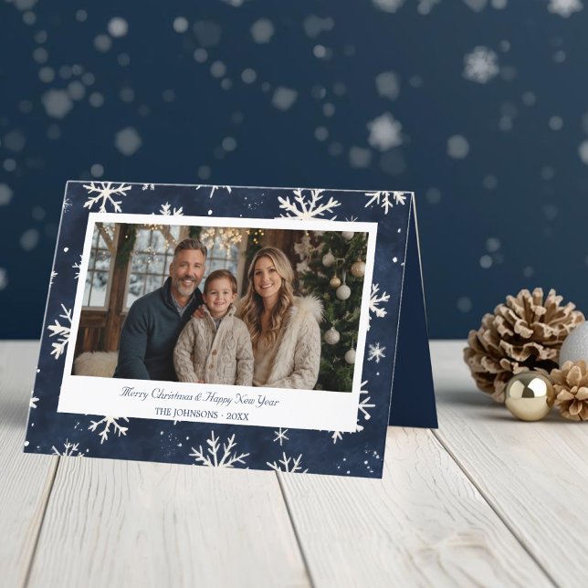 Klassiskt julfoto av nyblomma helgkort (Classic Navy Snowflake Christmas Photo Holiday Card)