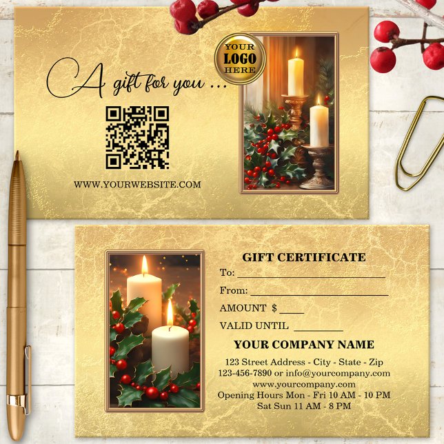 Klassiskt julljus i Guld - Holly Gift Card Rabattkort (A festive gift certificate featuring a classic Christmas design in gold with candles and holly)