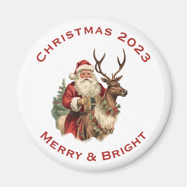 Klassiskt Jultomten Riding a Reindeer jul Magnet (Framsidan)