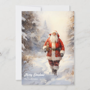 Klassiskt Jultomten som kommer i snöskog Julkort