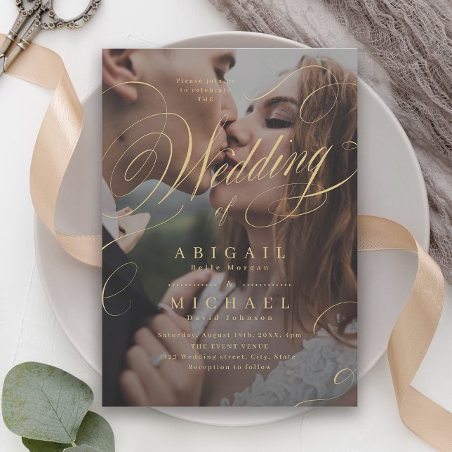 Klassiskt kalligraffoto för guld elegant bröllop inbjudningar (Gold elegant classic calligraphy photo wedding invitation)