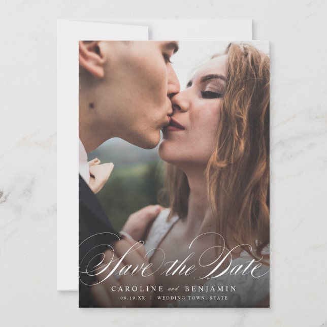Klassiskt kalligrafiskt foto bröllop spara datum datumet (Framsida)