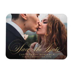 Klassiskt kalligrafiskt foto bröllop spara datum magnet