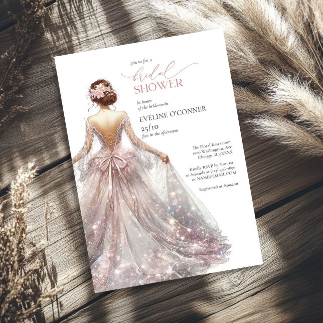 Klassiskt klädglam för bröllop, glam, glam, ro gul inbjudningar (Classic rose gold sparkly wedding dress glam invitation)