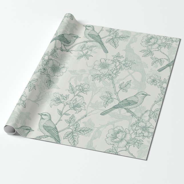 Klassiskt kräm mint fågel trädgård toalettmönster presentpapper (Utrullad)