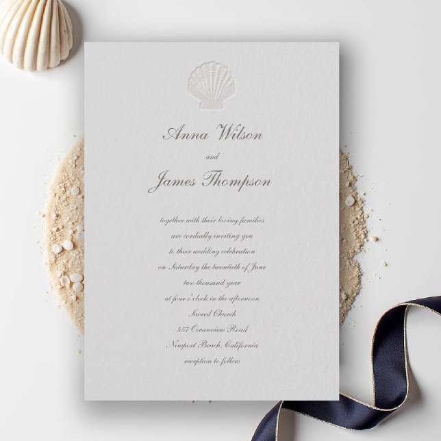 Klassiskt kustskript Bröllop Inbjudningar (nautical coastal wedding invitation modern classic formal traditional script elegant shell ivory)
