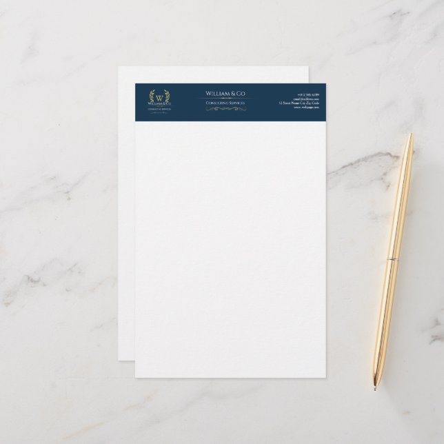 Klassiskt Laurel Wandenavy Blue Guld Monogram Brevpapper (Fram/Back In Situ)