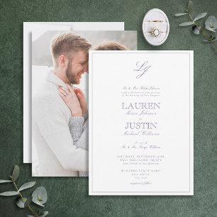 Klassiskt lavender-skript, Monogram Photo Bröllop Inbjudningar