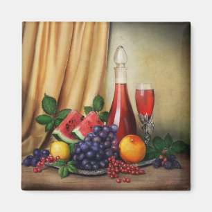Klassiskt liv med vin och fruktmålning magnet