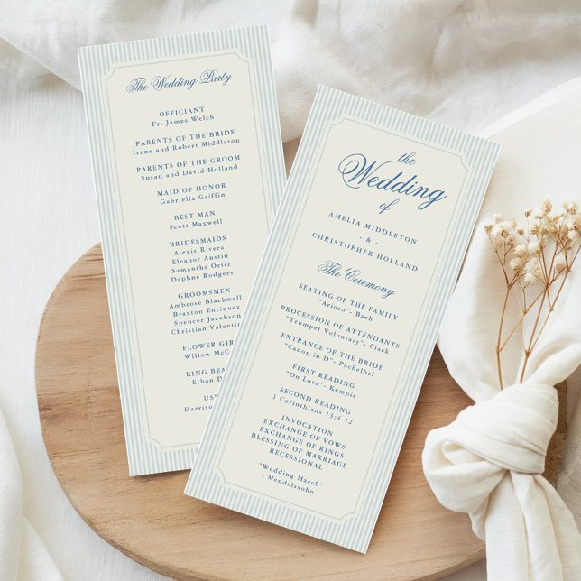 Klassiskt ljusblå randig bröllop program (classic and elegant light blue stripes wedding church program)