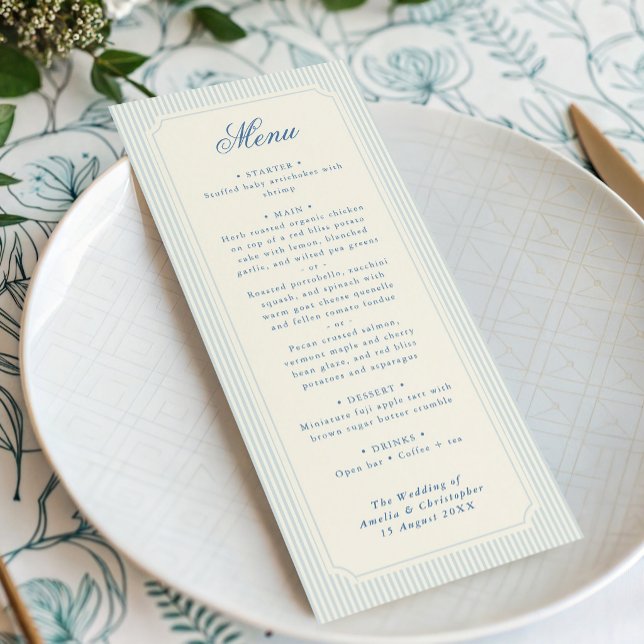 Klassiskt ljusblått randigt bröllop meny (classic light blue stripes wedding menu with timeless typography)