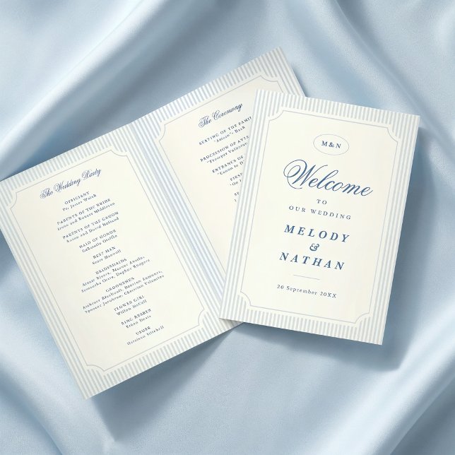 Klassiskt ljust blårandigt brölloppsvikat papper program (classic light blue stripes folded wedding paper program)