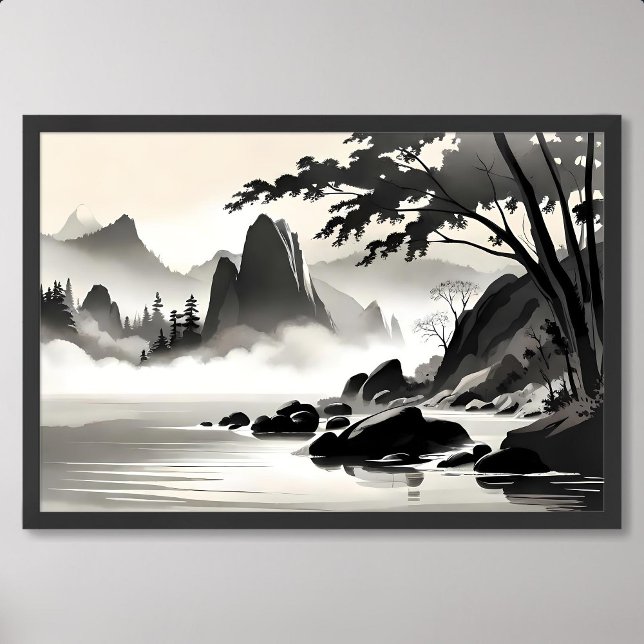 Klassiskt målande liggande, bergigt, svart, vitt poster (classic painting landscape rocky river black white)