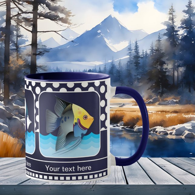 Klassiskt marint blå marint foto Mugg (Navy blue mug featuring your own favorite photos framed by a retro polka dot design)