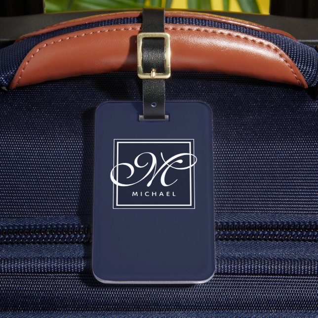 Klassiskt marint blått och vitt skript Monogram Bagagebricka (Framsida Insitu 2)