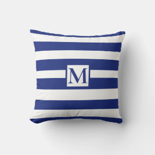 Klassiskt marint blåvita remsmonogram kudde