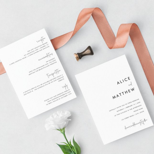 Klassiskt minimalistiskt alla i ett svartvitt Bröl Inbjudningar (Customize with your wedding colors!)