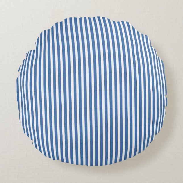 Klassiskt minimalistiskt blått och vitt randigt mö rund kudde (Framsidan)