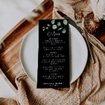 Klassiskt minimalistiskt Eucalyptus Black Bröllop  Meny<br><div class="desc">Denna klassiska minimalistiska meny för eukalyptus svart bröllop är perfekt för att ge en komplimang till ett rustiskt bröllop. Utformningen har ett vackert kalligrafteckensnitt och en grönt vattenfärgseukalyptus i svart bakgrund.</div>