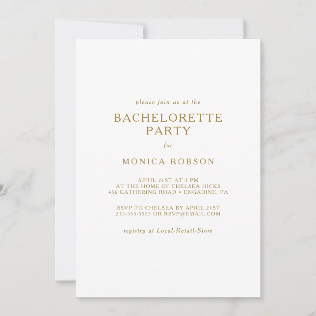Klassiskt minimalistiskt Guld Bachelorette-parti Inbjudningar (Framsida)