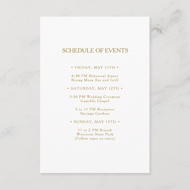 Klassiskt minimalistiskt händelseschema Guld Bröll Tilläggskort (Framsida)