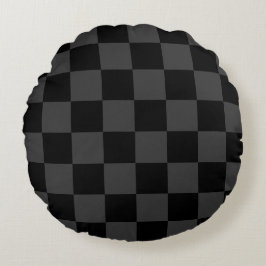 Klassiskt Modern Black & Smoky Black Checkerboard Rund Kudde