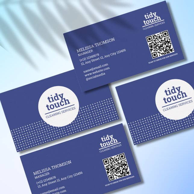 Klassiskt Modern Blue White Polka dots Städning Visitkort (Skapare uppladdad)